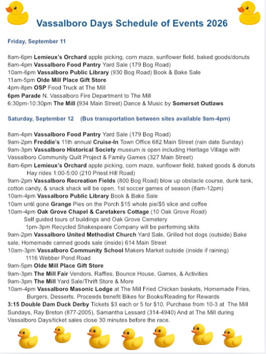 Flyer for Vassalboro Days-schedule Friday and Saturday 