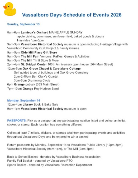 Flyer for Vassalboro Days-schedule Sunday and Monday 